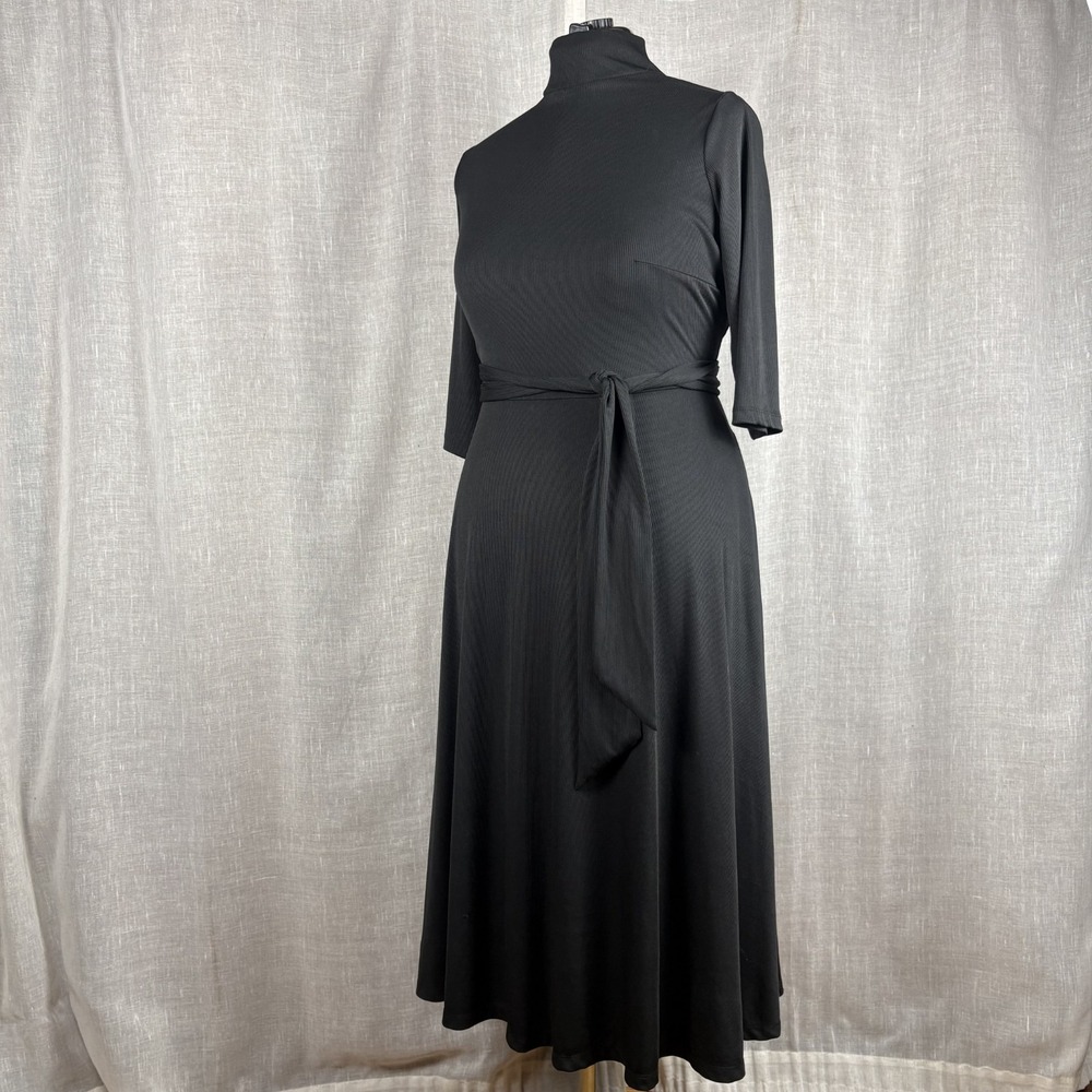 Unique Vintage Black Midi Dress Mock Neck Waist Tie 1X 16 Goth Whimsigoth Witchy